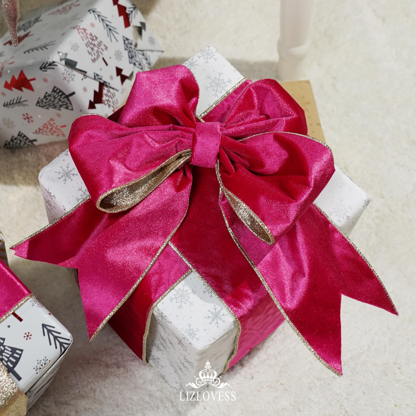 LIZLOVESS Hot Pink Velvet Wired Ribbon with Glitter Back 4 Inch Pink and Gold Christmas Ribbon Wired Fuschia Ribbon for Christmas Tree Decorations, Gift Wrapping, Wreaths Supplies, Bows (10 Yards)