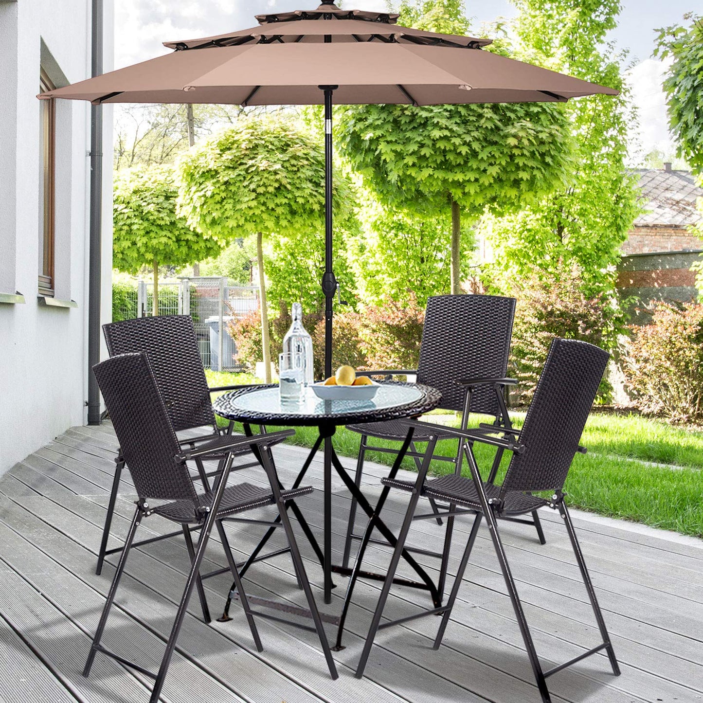 LUARANE Folding 4 Pieces Wicker Rattan Chairs, Tall Bar Stool Set with Back Steel Frame Footrest Armrest, Weather-resistant Comfortable Chairs for Outdoor Indoor Garden Patio Furniture Set, Brown