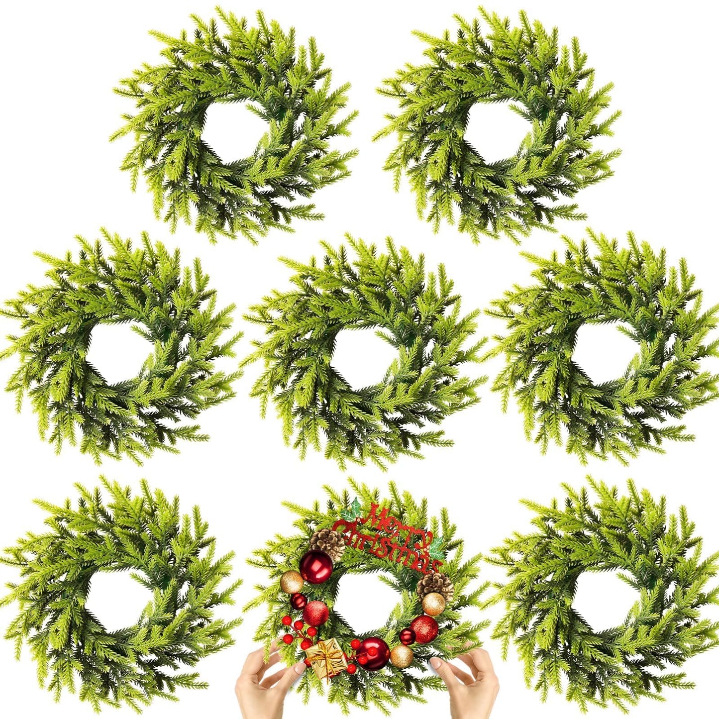 8 Pcs Christmas DIY Gree Wreath 10 Inch Green Artificial Wreaths DIY Faux Plain Wreaths Front Door Green Farmhouse Cabinets Wreath Indoor Outdoor Wall Decor(Pine Needle)