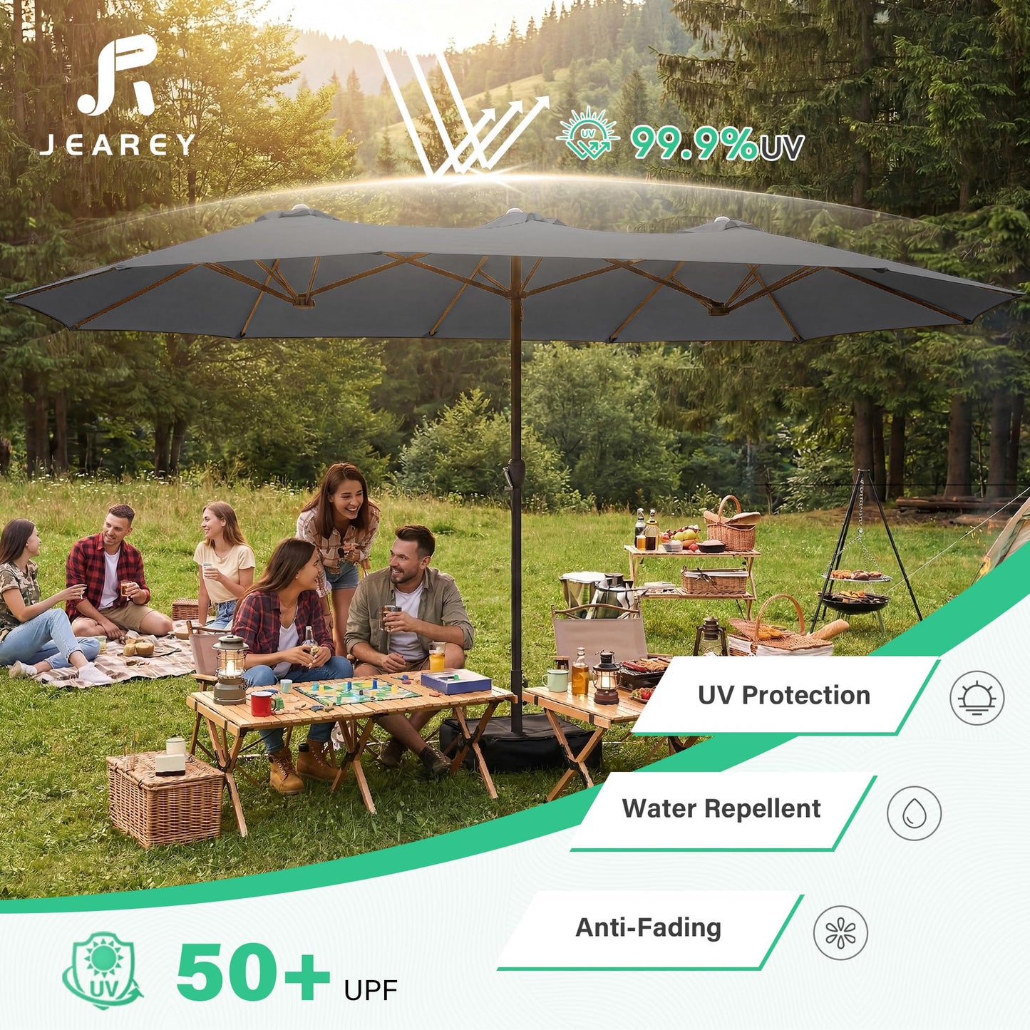 JEAREY 15ft Large Patio Umbrella with Base, Outdoor Rectangle Umbrella Double-Sided Market Umbrella with Stand for Pool, Deck, Backyard and Garden, Gray