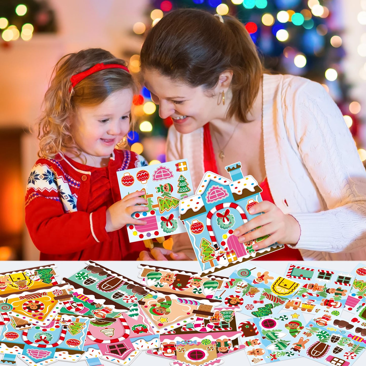 Aginc Berry 12Pcs Christmas Gingerbread Candy House Scene Sticker Art Craft, Make Your Own Christmas Candy House Sticker Scene with Xmas Tree Snowman Stickers for Kids, Xmas Holiday Party Favors