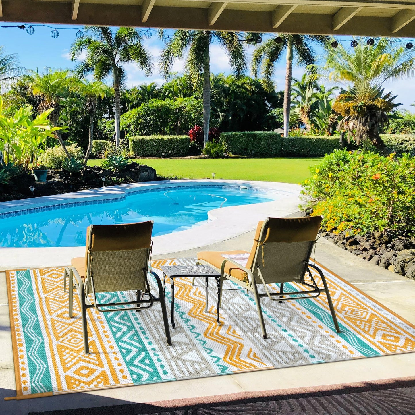 Lahome Outdoor Rug Waterproof, 5x8ft Reversible Outdoor Plastic Straw Rug for Camping Patio, RV Outdoor Rugs Outside, Outdoor Carpet for Porch Deck Backyard Balcony Picnic(Blue/Yellow,5'x 8')