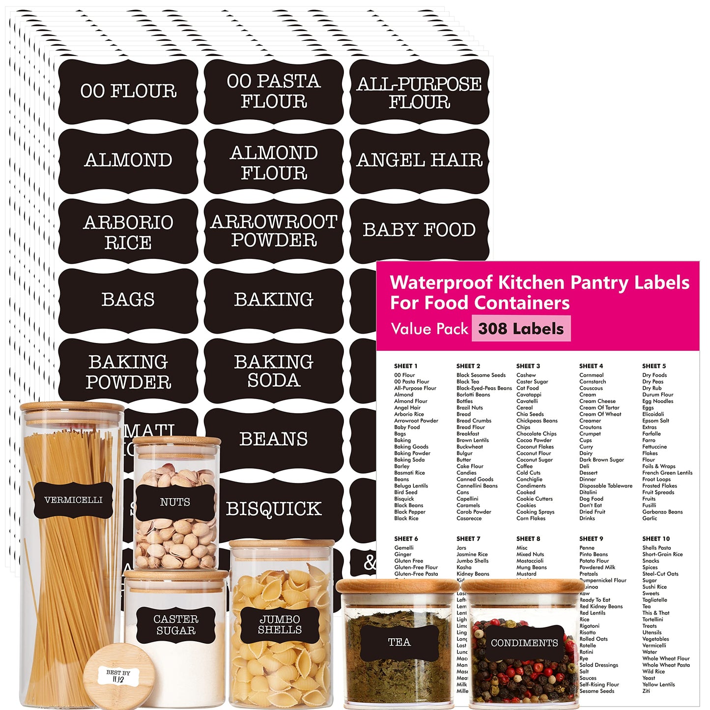 Hebayy 308 Pantry Food Labels, 280 Preprinted Flour Pasta Lentil Grain Condiment Oil Stickers, 28 Blank Ones, Waterproof Oil&Tear Resistant, No Residue for Kitchen Containers Jars(White on Black)