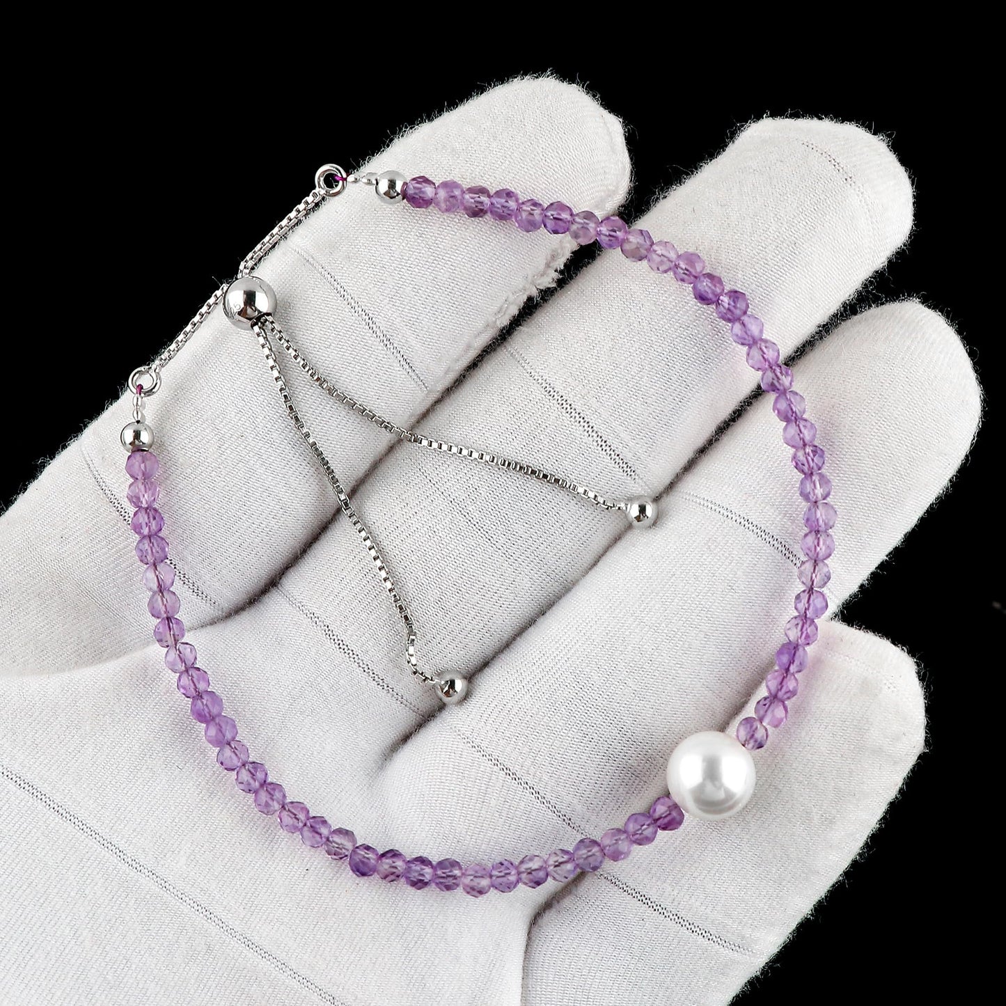 CRYSTALIS Natural Amethyst Beads Slider Bracelet with Elegant Pearl, High Grade Beaded Crystals, Chakra Healing Gemstone, Gift Giving Women Jewelry, 925 Sterling Silver Slider 10 inch