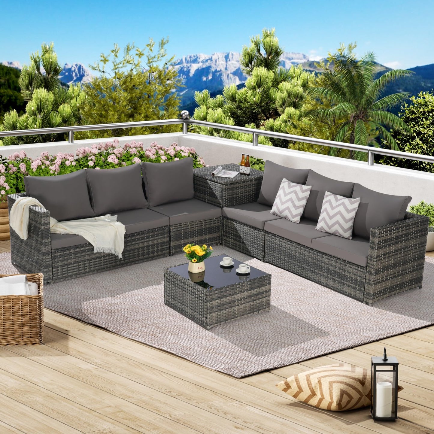 KEIKI 6Pcs Outdoor Patio Sectional Couch Sofa Conversation Furniture Sets with Chair, Storage Corner Cabinet, Glass Top Coffee Table & Cushion, Wicker Woven Seating for Backyard Lawn