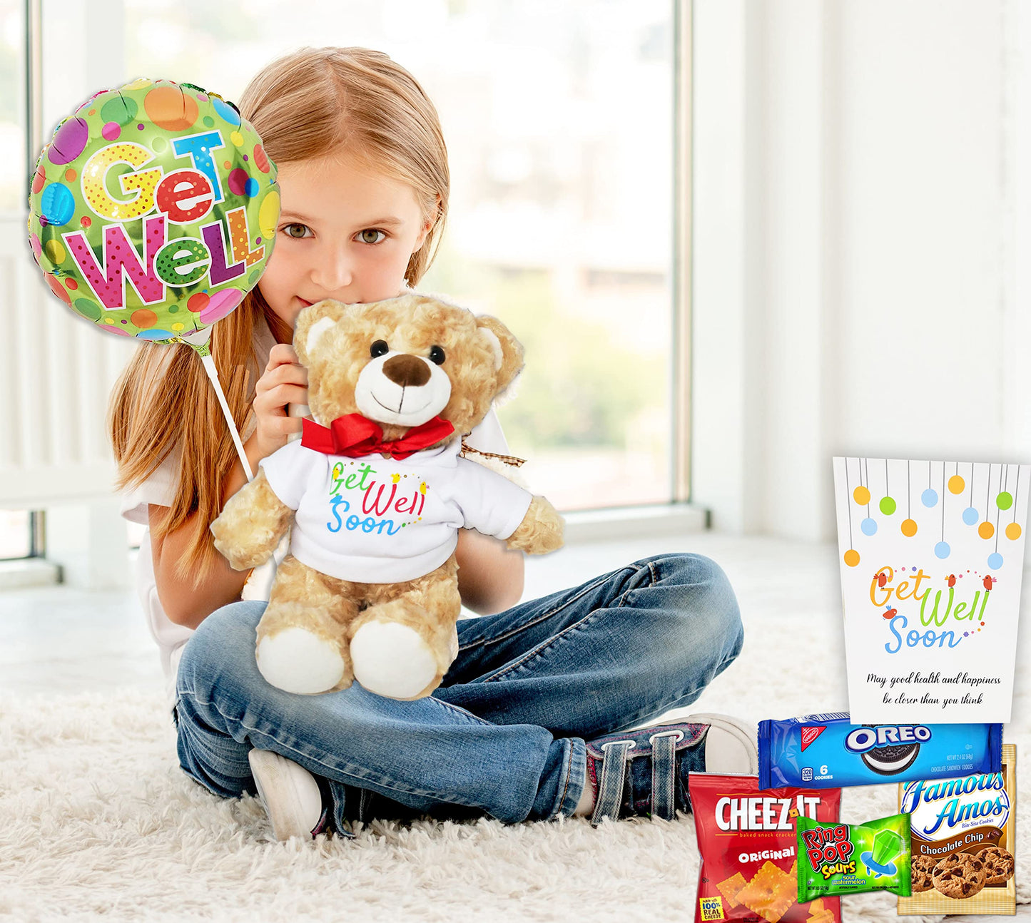 GET WELL GIFT BASKET, care package, w/Teddy Bear & Balloon, Candy & Snacks, greeting card for a sick kid. Recovery gift for a child boy or girl, Feel better soon for home or hospital