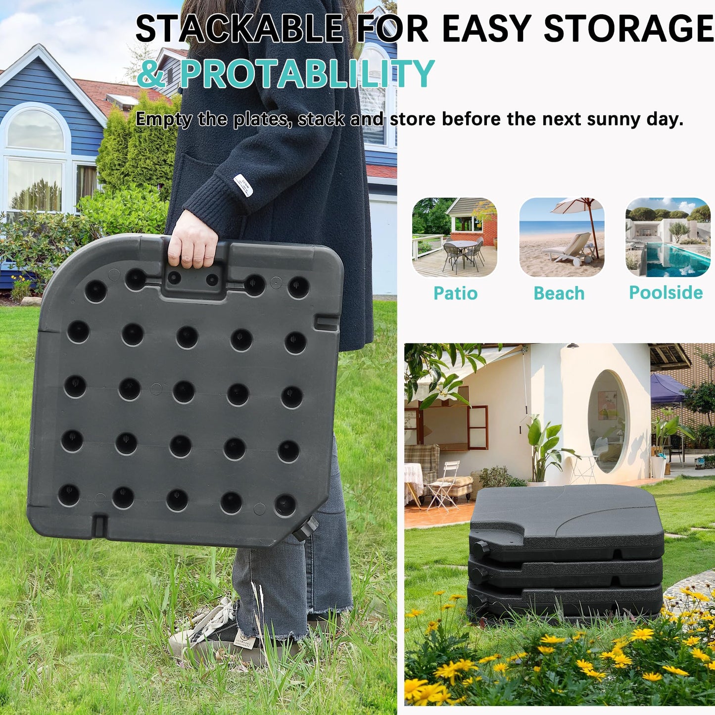 VECELO 4-Piece Heavy-Duty Cantilever Offset Patio Umbrella Base/Stand Outdoor, Square Plate Set with Lock Pins, Easy-Fill Spouts for Water/Sand, for Garden, Backyard and Poolside, Black