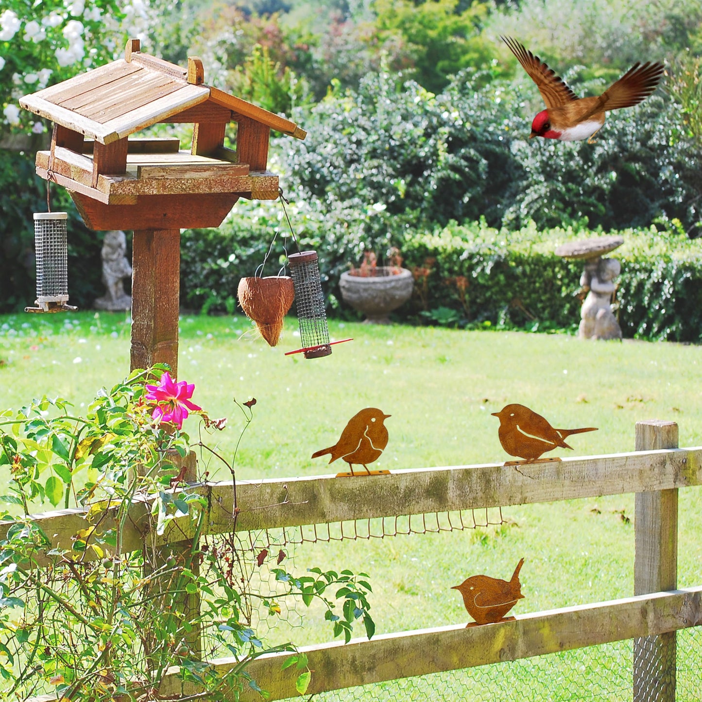 Vausart 3PCS Rusty Birds Decor, Metal Birds Yard Decor, Cute Metal Birds Garden Ornaments Silhouette- Garden Sculptures and Yard Art, Rustic Birds Decoration Outdoor Patio Yard