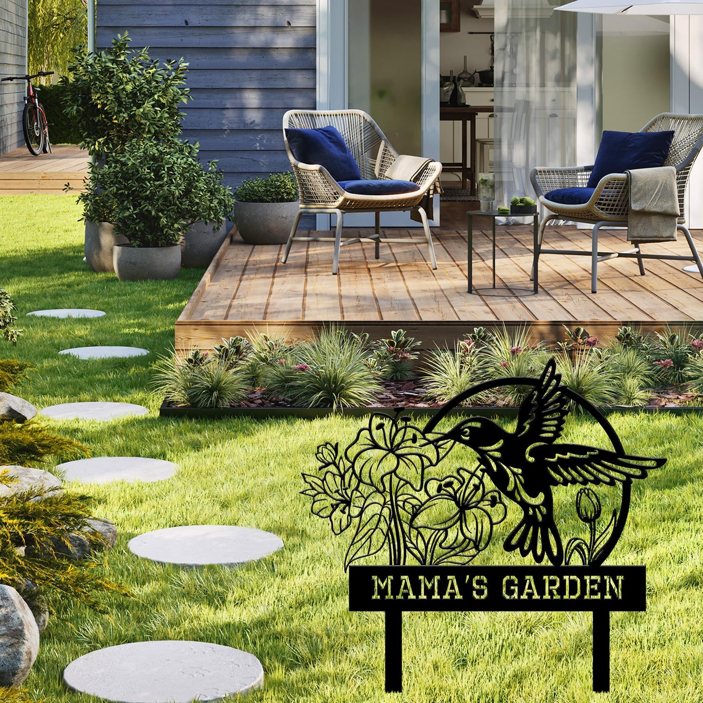 BMYDIY Personalized Garden Signs for Outside, Custom Metal Hummingbird Flowers Garden Decor with Stake, Custom Name Signs Outdoor Yard Patio Backyard Metal Decor Home Gifts