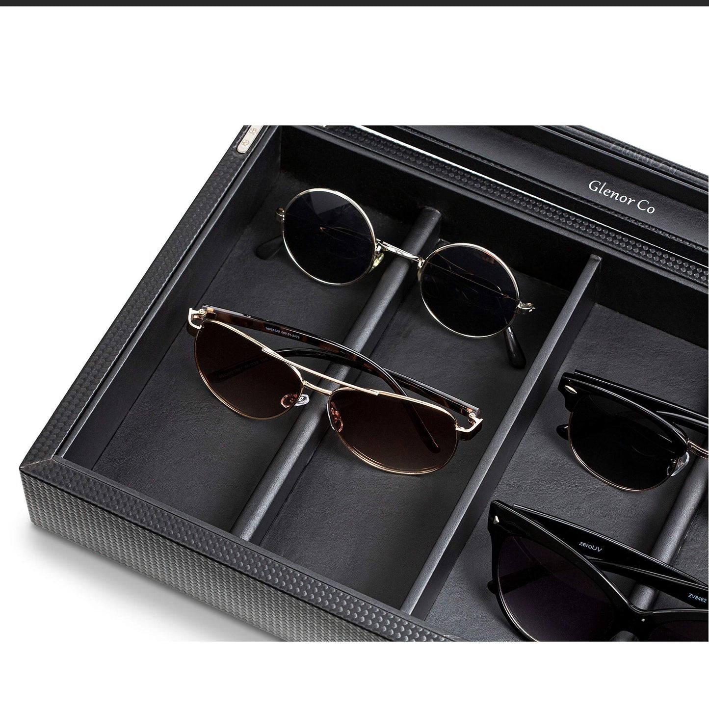 Glenor Co Sunglasses Organizer Case - 8 Slot Storage Holder to display Sunglass/Eye Glasses - Modern Box with Clear Glass Top and Metal Buckle for Men and Women - Carbon Fiber Leather Design - Black