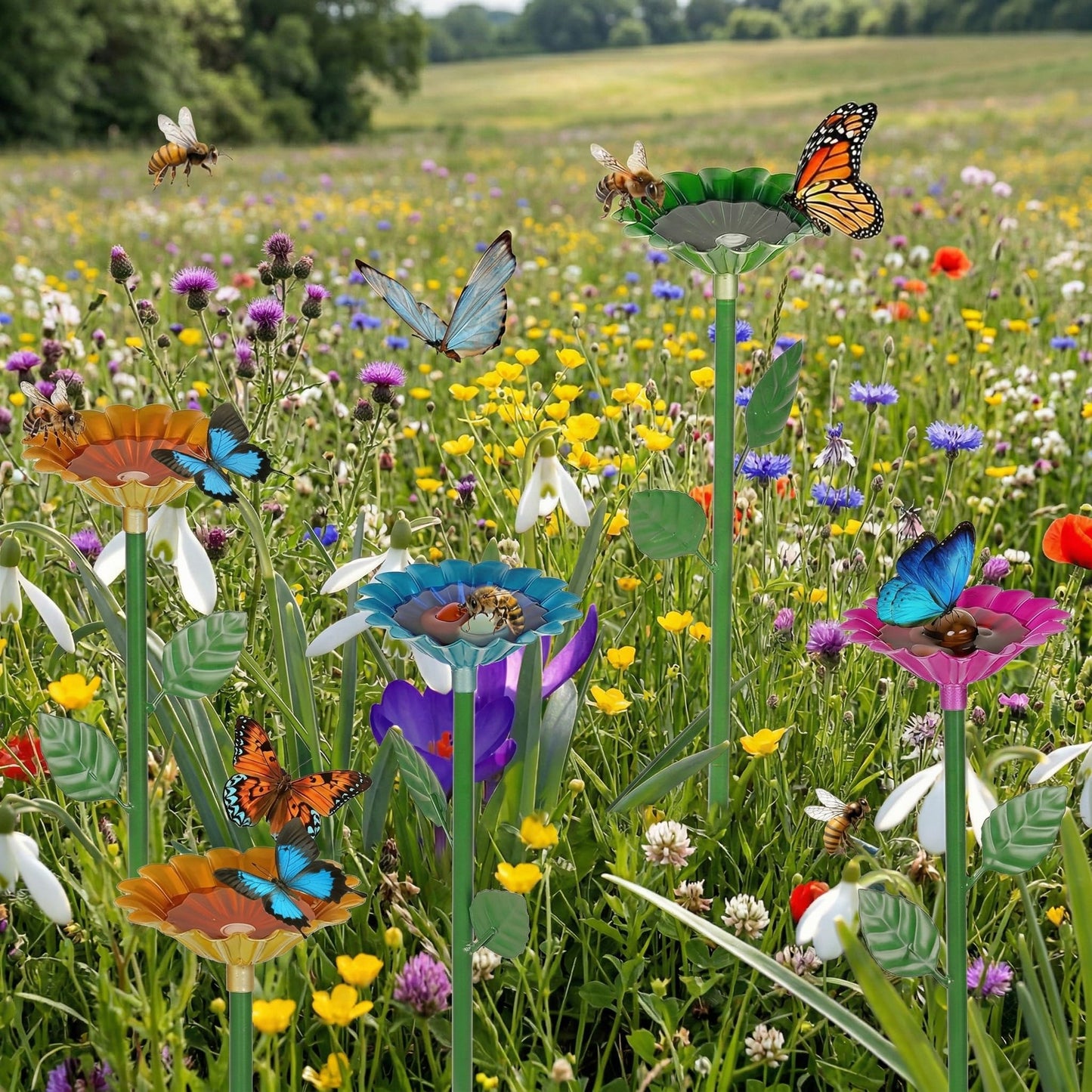 4 Pack Bee Watering Station, Bee Feeder for Garden Metal Butterfly Water Feeder with Flower Design Colorful Butterfly Bee Bath Bowl for Outdoor Garden Yard