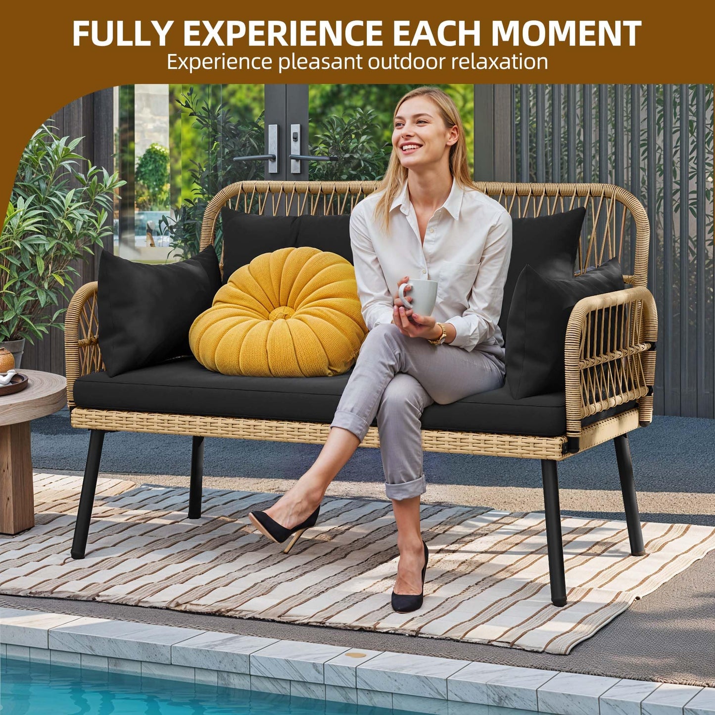 DWVO Outdoor Loveseat, Patio Wicker Furniture Set with Cushion & Adjustable Feet, Patio Couch for Garden, Balcony, and Porch, Black