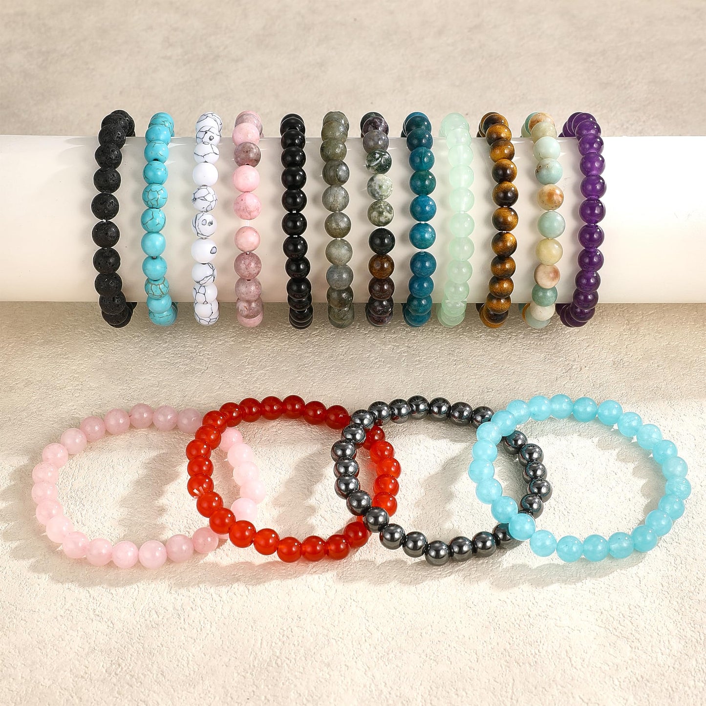 MEDOJO 16 Pcs Crystal Stone Bracelets Set for Women Men Semi-Precious Gemstones 8mm Round Beads Bracelet Crystal Stone Stretch Bracelets Jewelry