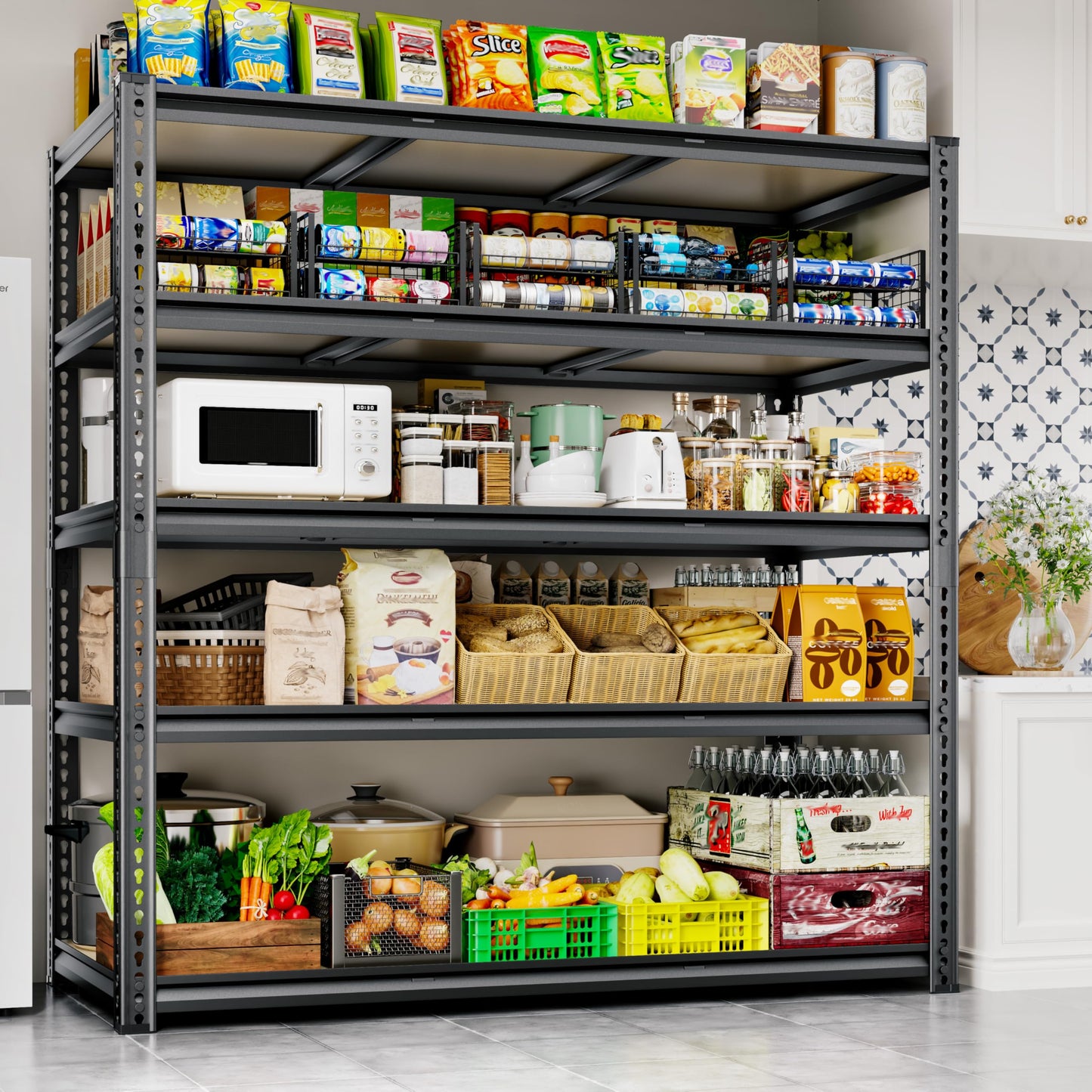 48"W Garage Shelving, 3050LBS Storage Shelves Heavy Duty, 5 Tier Metal Shelving Unit Adjustable Garage Shelves Heavy Duty Shelving for Warehouse,Commercial, Kitchen, 48" W × 24" D × 72" H, Black