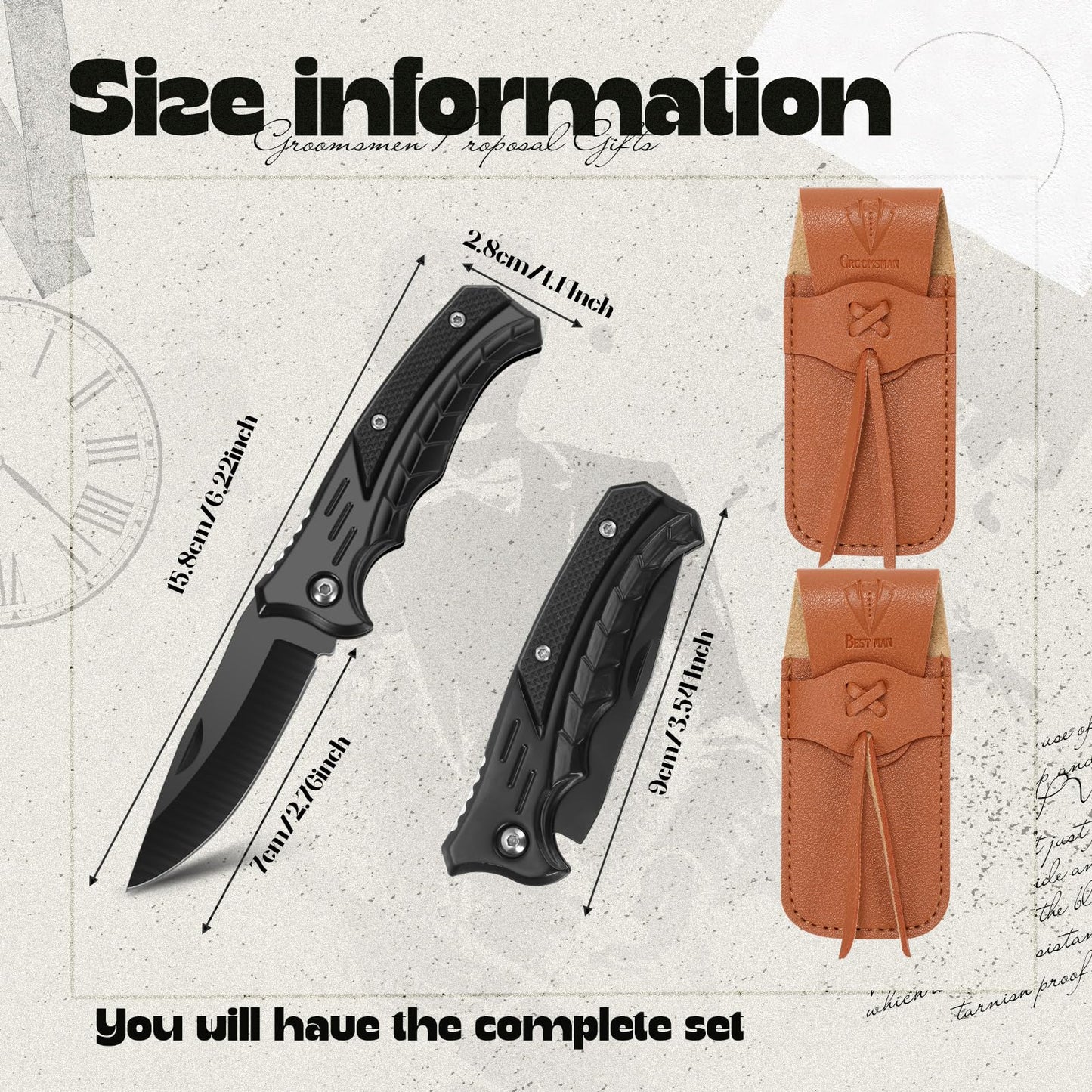 Abbylike 6 Set Groomsmen Gifts Personalized Groomsmen Pocket Knife with Leather Sheaths Mini Folding Knives Proposal Gifts for Wedding Party Favors(Classic,Black)