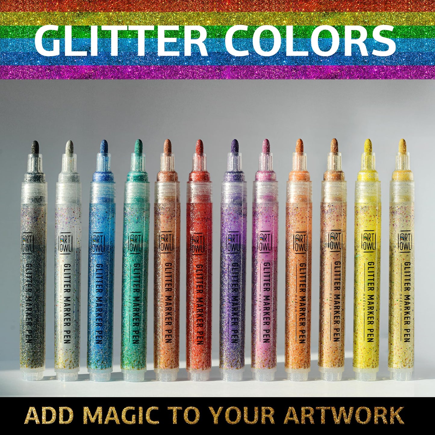 Art Owl Acrylic Glitter Paint Marker Pens, Medium Pens for Rock Painting, Stone, Ceramic, Glass, Wood, Fabric, Card Making, Canvas, DIY Crafts - Set of 12 Sparkle Paint Markers