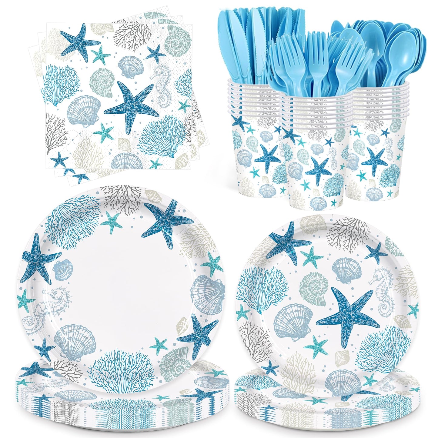 Vellumvibe 168pcs Coastal Beach Paper Plate Napkin Blue Starfish Seashell Party Supplies Disposable Tableware Set for Summer Ocean Birthday Party Decorations Serve 24 Guests