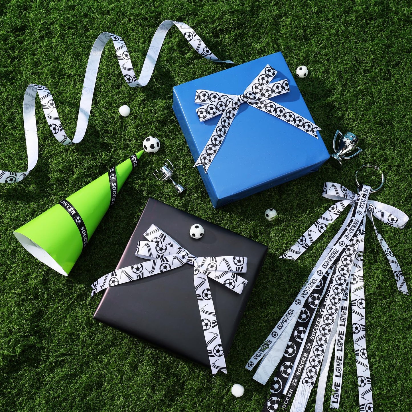 LaRibbons Soccer Ribbon Set 6 Rolls 30 Yards Total, White Black Sports Themed Craft Ribbons for Soccer Party Decorations, Hair Bows, Gift Wrapping, DIY Sewing Supplies