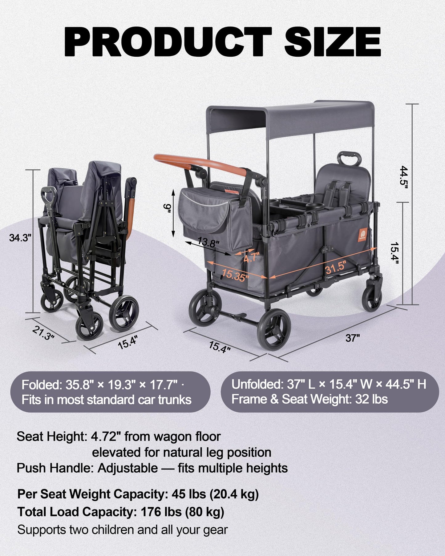 2-in-1 Wagon Stroller for Two Kids – Foldable Push & Pull All‑Terrain Wagon with Canopy, 5‑Point Harnesses,Removable Snack Tray,Storage Bag, Lightweight, Compact Trunk-Friendly Fold – Green