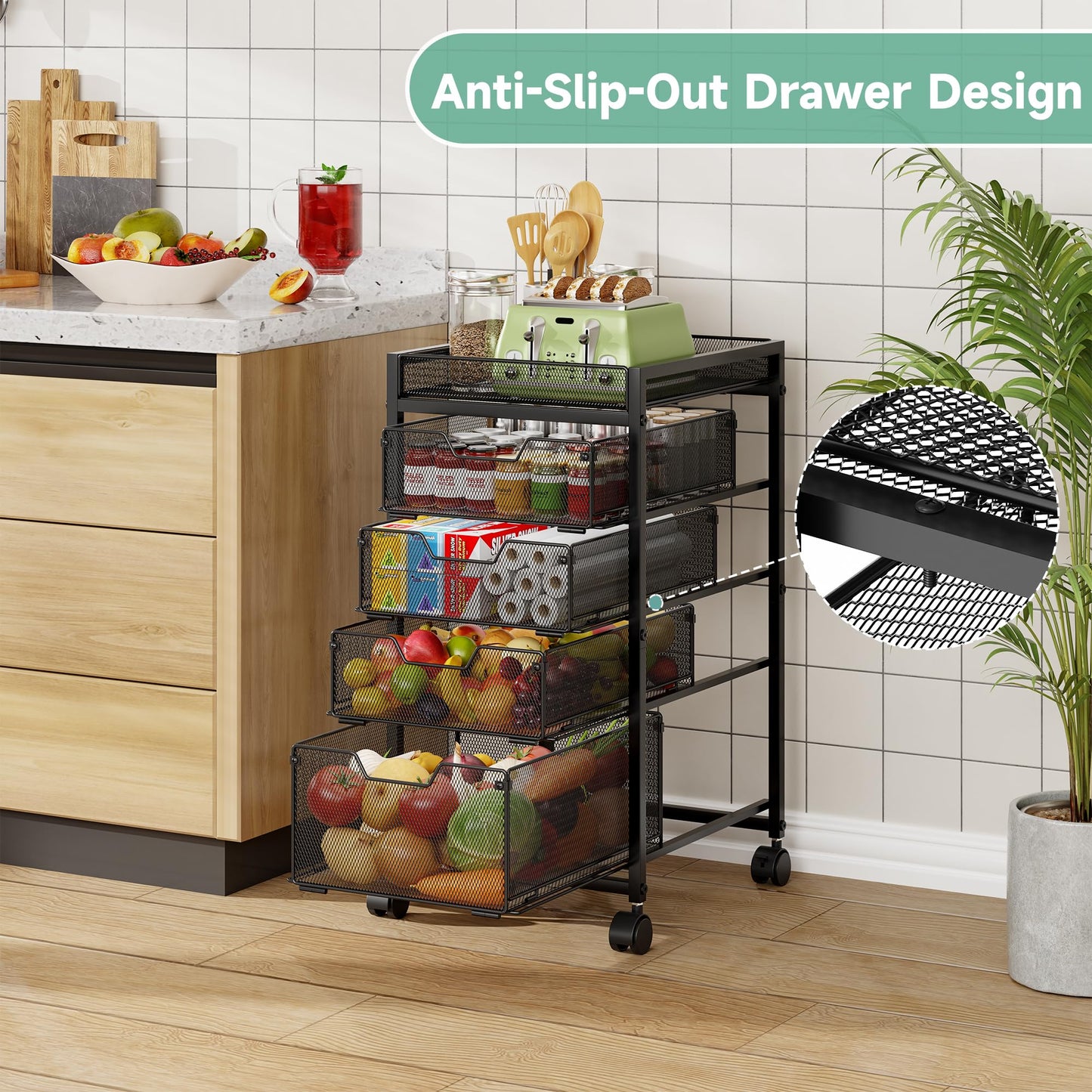 keomaisyto 5-Tier Kitchen Storage Cart with Top Basket & Drawers, Fruit and Vegetable Storage Rack on Lockable Wheels, Metal Kitchen Organization for Snacks, Potatoes, Onions, Cans & Craft Supplies