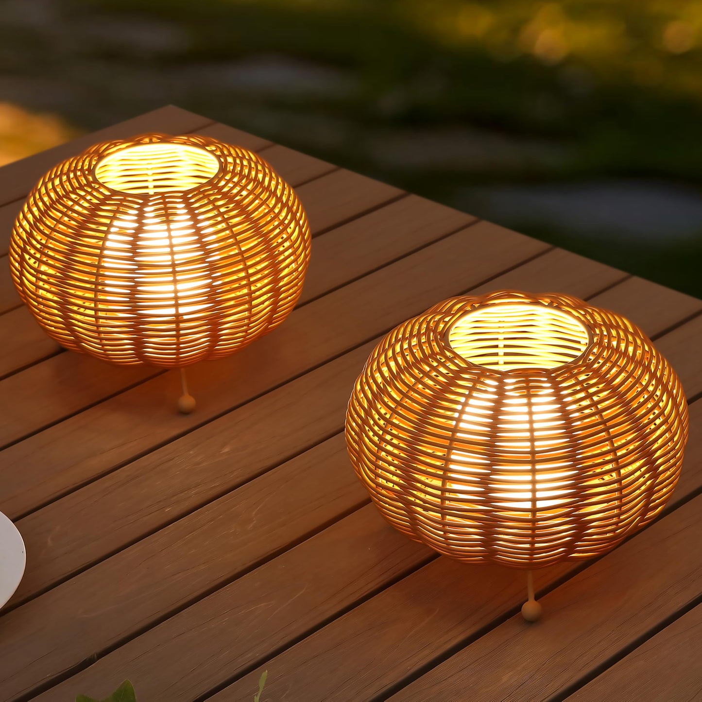 JONATHAN Y 5.75" Light Brown Modern Bohemian Indoor/Outdoor Faux Rattan Lantern Table Lamp Set of 2, Rechargeable Cordless Dimmable Integrated LED for Deck, Patio, Porch JYL7156A-SET2