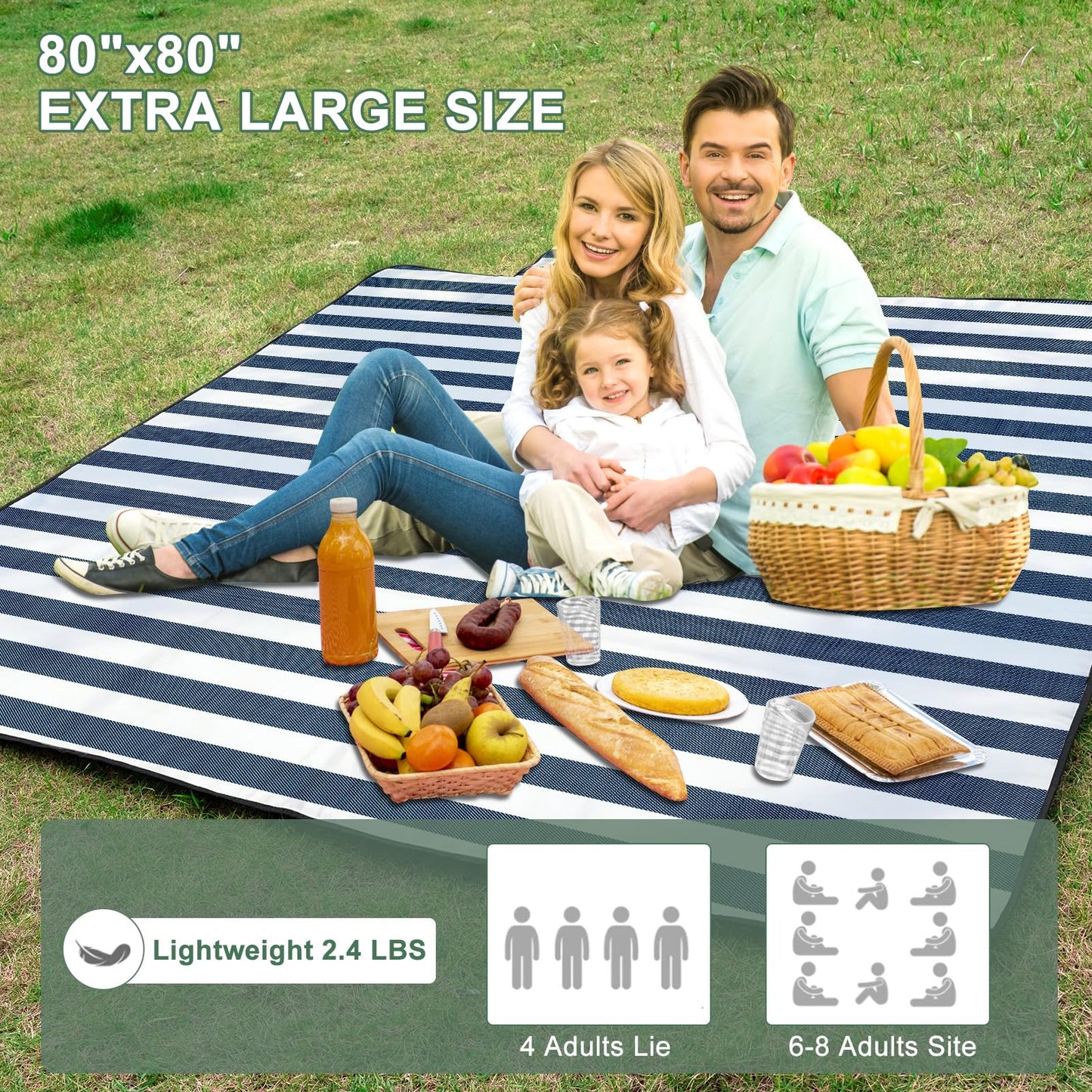ZUBOND Picnic Blanket 80''x80'', Waterproof Sandproof Beach Outdoor Camping Mat Extra Large Foldable Gingham Big Travel Essential Accessories Gift Park Patio Lawn Garden Grass Ground Music Festival