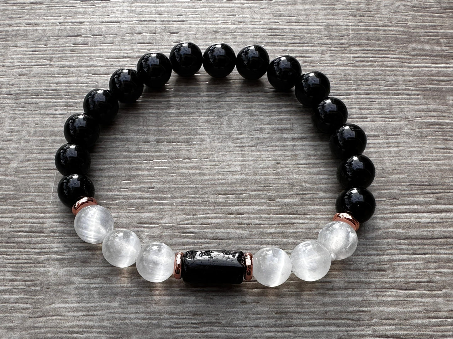 Black Tourmaline and Selenite Crystal Bead Bracelet 8mm, Genuine Black Tourmaline Cylinder with Copper Discs Stretch Gemstone Bracelet, Healing Crystal Bracelet, Gift for Men & Women (1)