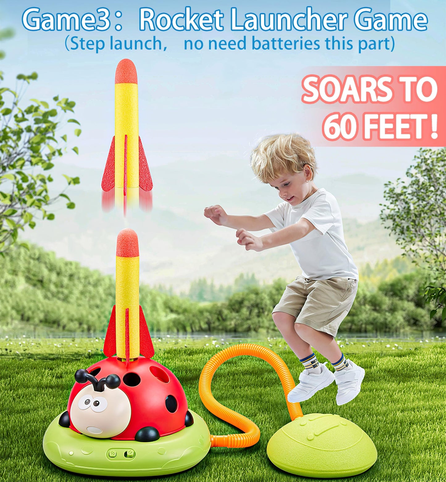 Pobaiyi 3 in 1 Musical Jump, Toss Ring Game and Stomping Launch Rocket Launcher for Kids Outdoor Toys with Remote Control, Indoor Outside Toy for Kids Ages 4-8 Toys for Ages 5-7 8-13 Birthday Gifts