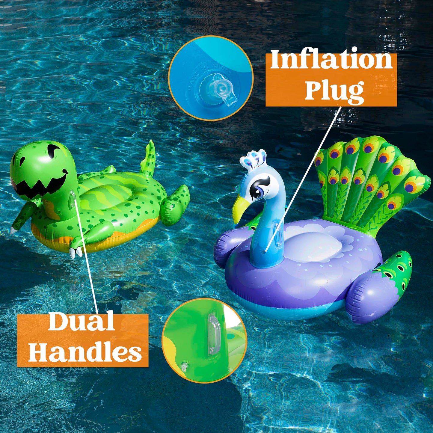 Sloosh 2-Pack Inflatable Dinosaur & Peacock Pool Floats Set, Fun Beach Floaties for Swim Party Decorations Toys, Inflatable Island, Summer Pool Raft Lounge Ride On for Adults Kids