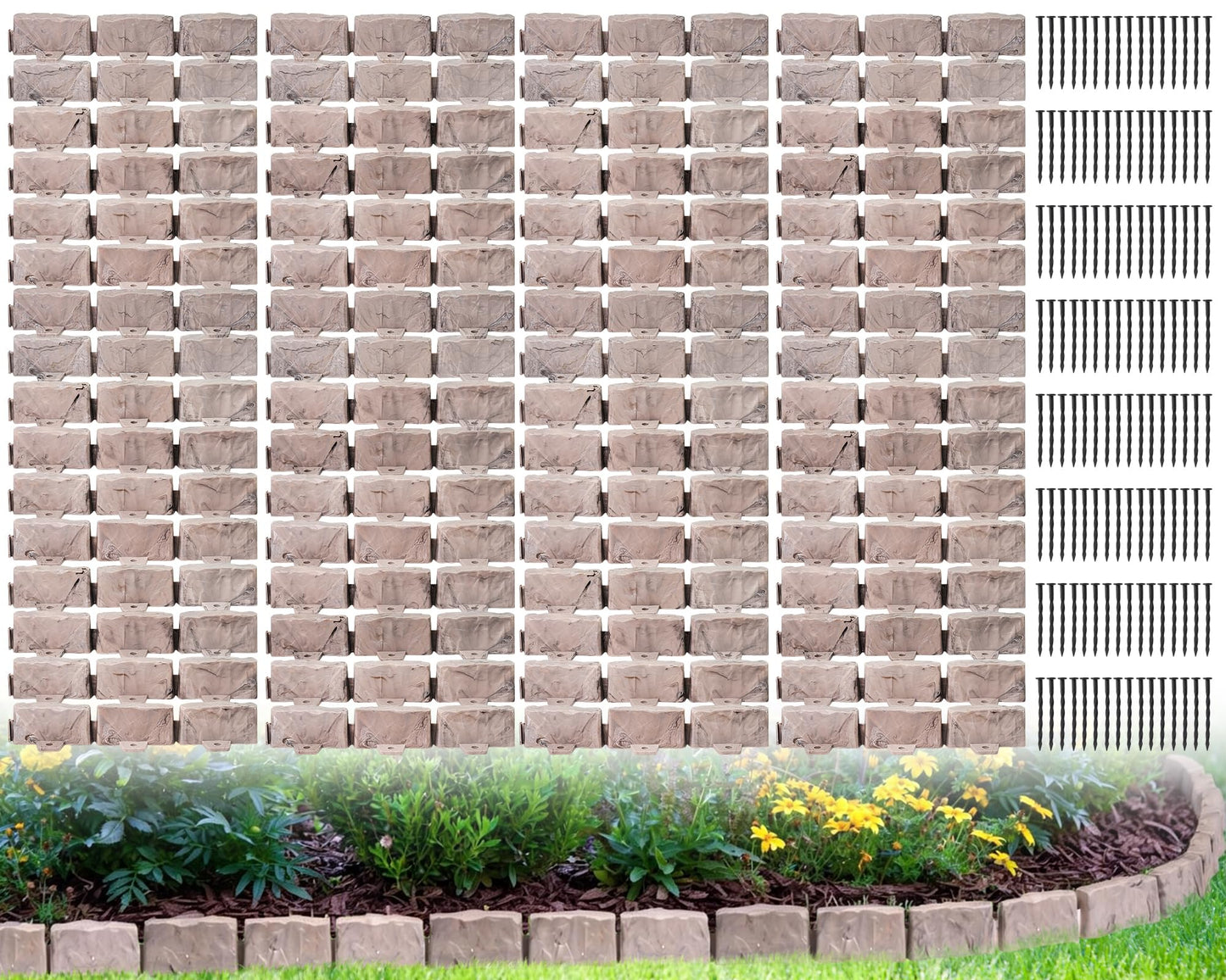 Landscape Edging Faux Stone Garden Edging Border with Anchoring Spikes,2.75 in Tall Decorative Stone-Look Garden Border for Flower Bed Edging,Lawn,Landscaped Yard,Trees and Gardens,91FT,Brown