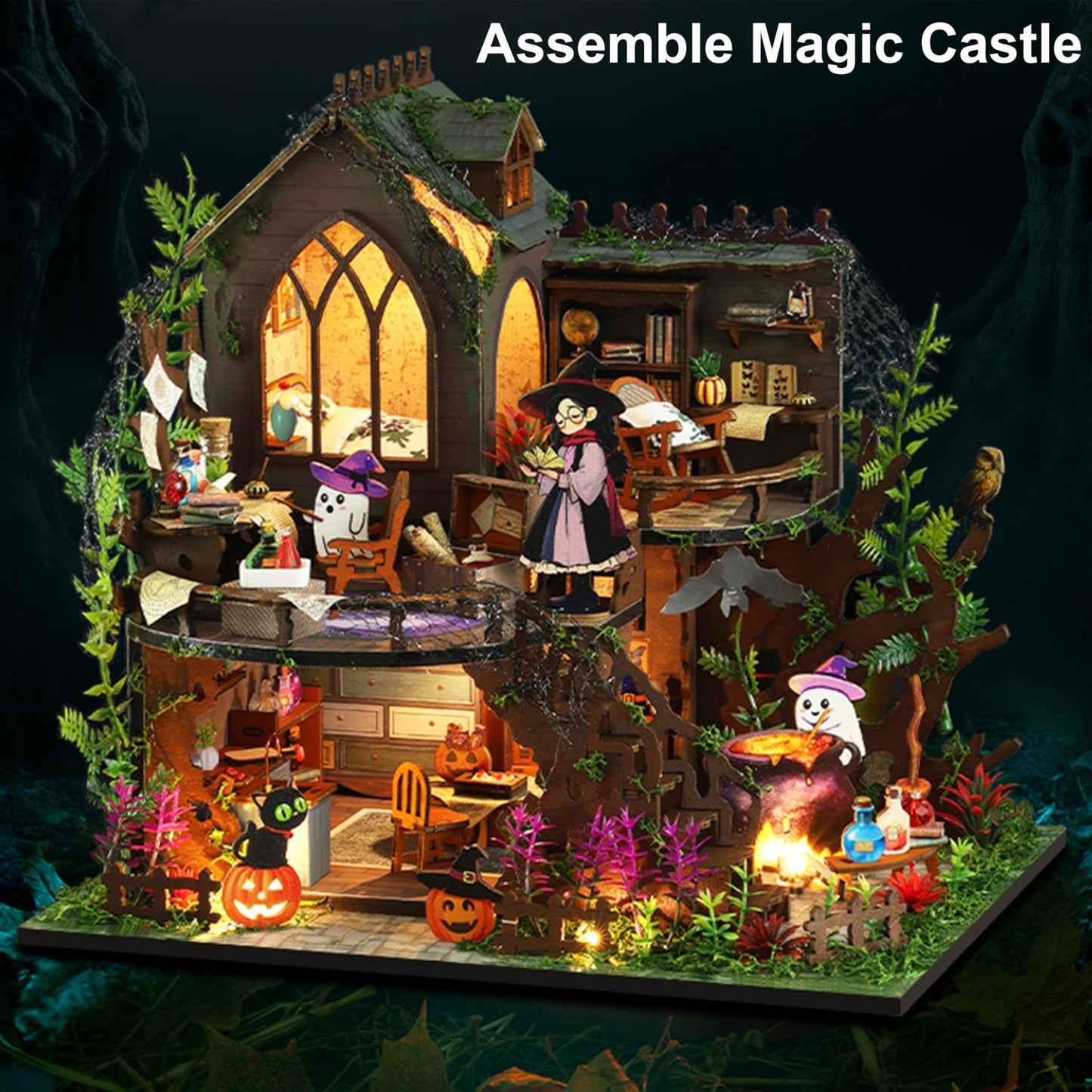 ISSEVE DIY Miniature House Kit, Tiny House Dollhouse Kit for Adults, Mini House Building Kits, Miniature Kit Adult Craft Diorama Kit Home Bookshelf Decoration, Gifts for Birthday (Magic Castle)