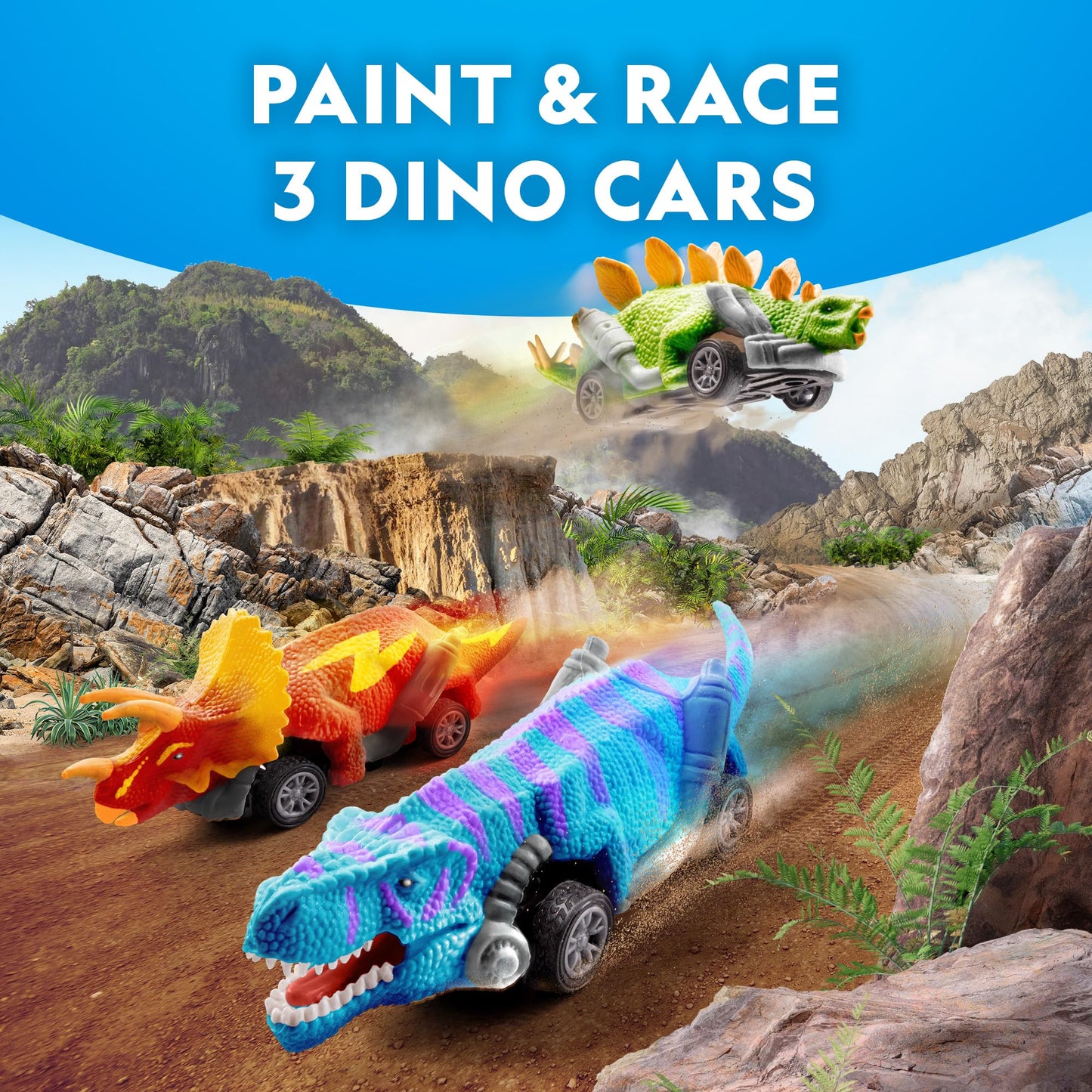 National Geographic Pull Back Dinosaur Race Cars Craft Kit - Paint 3 Dino Racecars with 6 Paint Colors, Dinosaur Toys for Kids, Kids Painting Kit, Arts & Crafts for Kids
