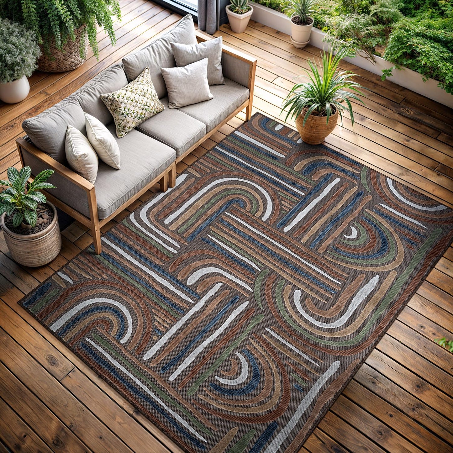 CAMILSON Indoor Outdoor Rug, Brown 8x10 Geometric Arch Striped Area Rugs for Patio and Home Areas, Easy-Cleaning Non-Shedding Living Room, Garden and Deck Washable Outside Carpet (8 x 10)