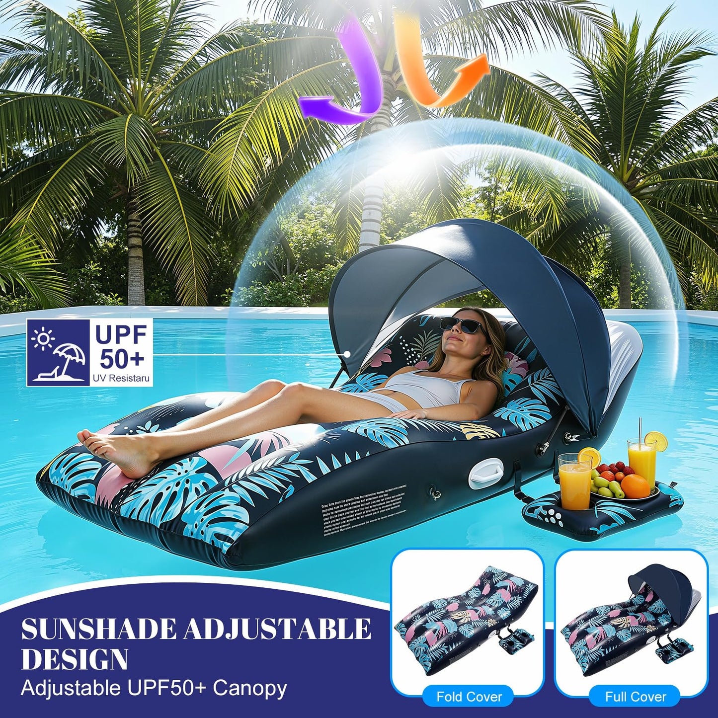 Deyhoc Pool Floats Lounger with UPF50+ Canopy Adjustable, Inflatable Large Floating Chair Ergonomic Design, with Cup Holders, Perfect for Swimming Pool, Beach, Lake, Party - Dark Blue