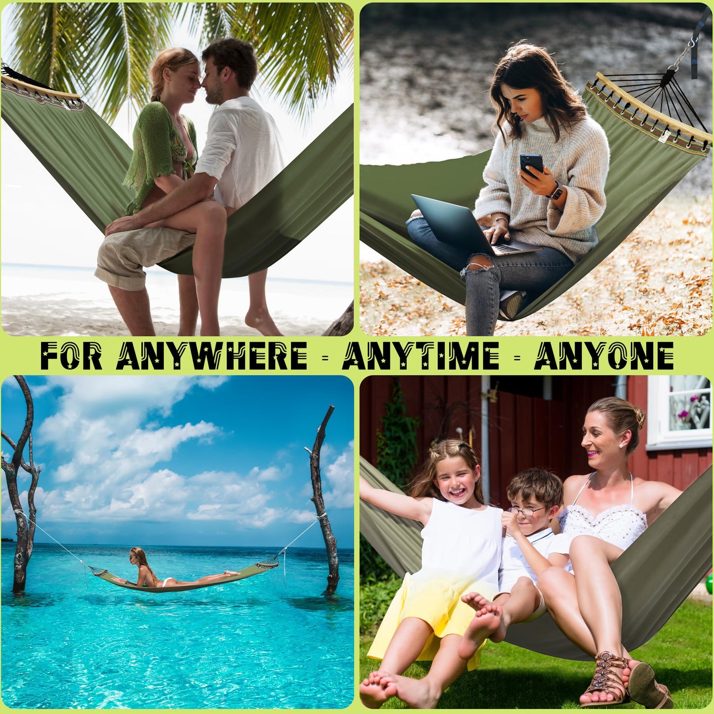 Tranquillo Double Hammock 2 Persons Cotton Canvas 600 lbs Portable Camping Hammock with Solid Curved Wood Spreader Bar Hammock for Camping Travel Indoor Patio Garden, Sage