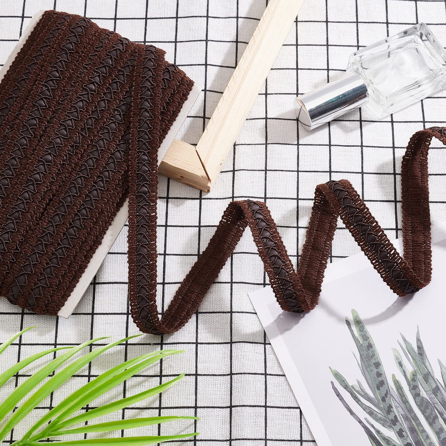 BENECREAT 15 Yard Faux Leather Braid Trims with Curve Lace, Coconut Brown Centipede Lace Ribbon for Home Decor DIY Sewing Craft, 3/4 Inch(18mm) Wide