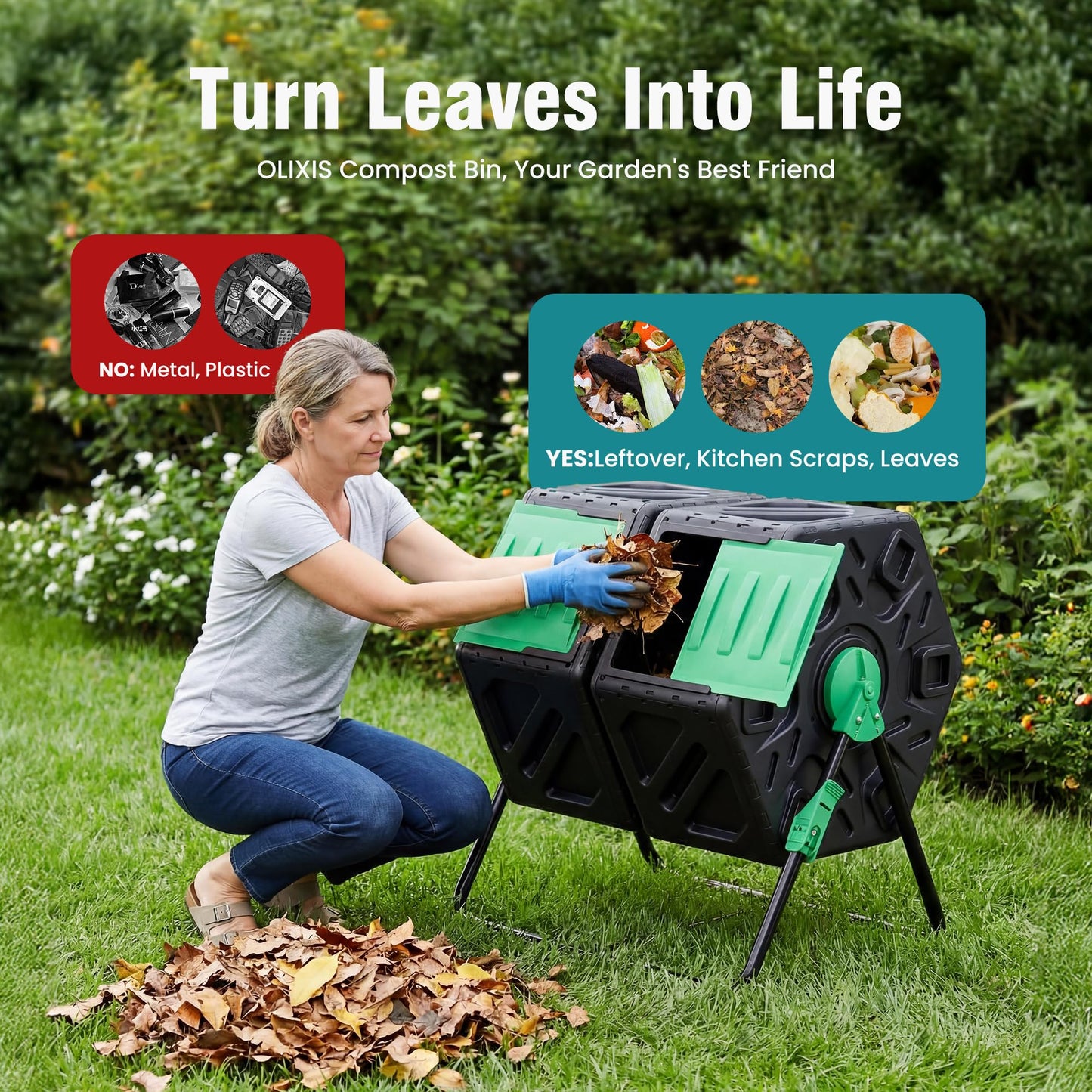 OLIXIS Compost Bin Outdoor 37 Gallon, Separated Dual Chamber Composter Tumbler Outdoor with Gloves, Efficient 360°Rotating Composting Bin for Patio, Lawn, Home Gardening and Landscape, Green