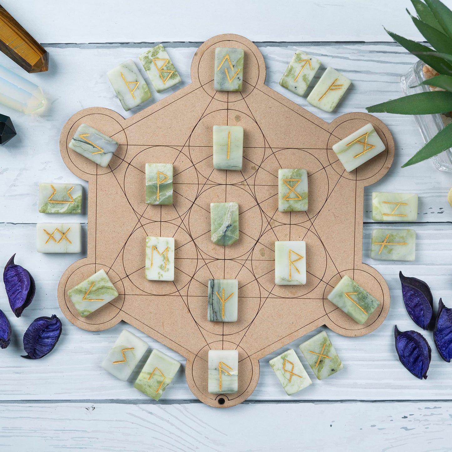 Crocon Serpentine Rectangle Shape Gemstone Runes with Elder Futhark Alphabet Engraved 25 pcs Rune Set Crystal Divination Metaphysical Healing Chakra Reiki Runes Set with a Pouch Size : 20-25mm