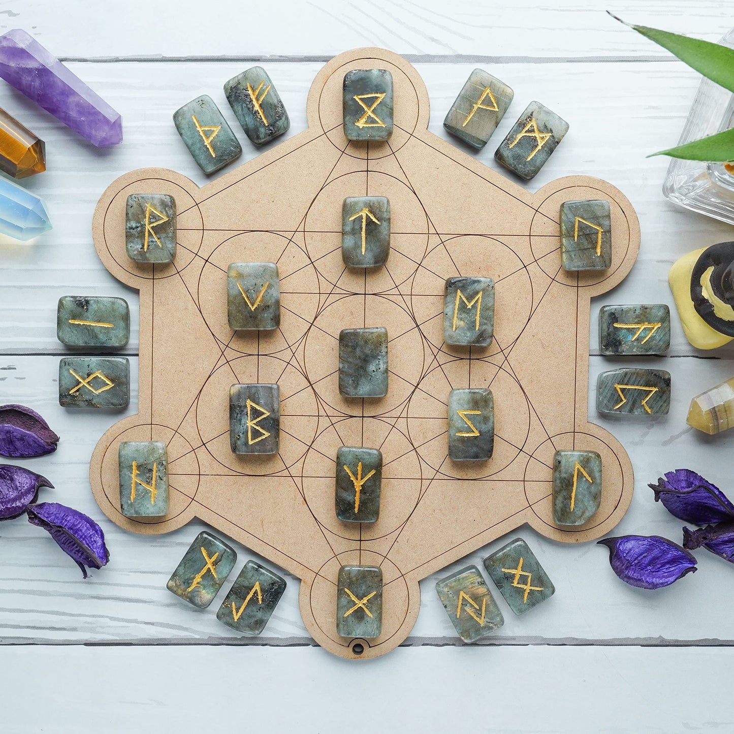 Crocon Labradorite Rectangle Shape Gemstone Rune Stones with Elder Futhark Alphabet Engraved 25 pcs Rune Set Crystal Divination Metaphysical Healing Chakra Reiki Runes Set with a Pouch Size: 21-26mm
