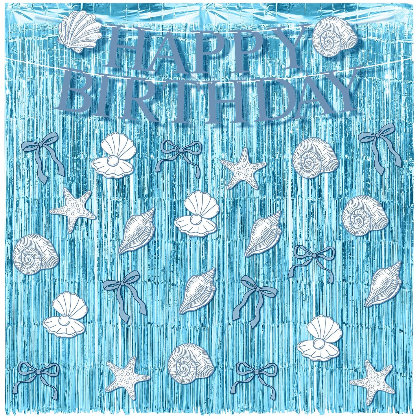 Epakh 39 Pcs Coastal Blue Bow Starfish Seashell Party Decorations Includes 24 Pcs Paper Cards Decor 13 Happy Birthday Banner 2 Foil Fringe Curtain Backdrop for Ocean Photo Prop Party Supplies