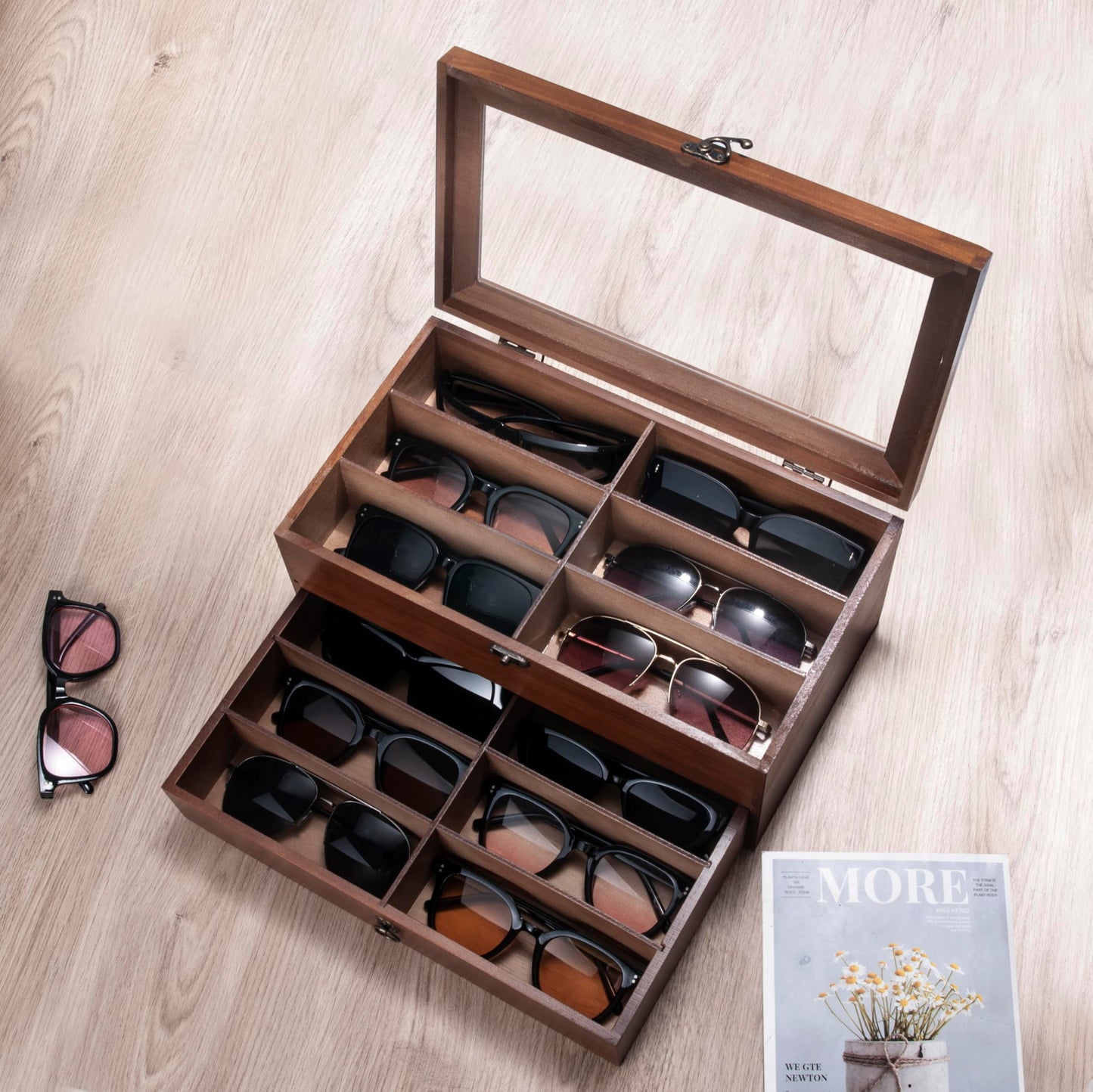 humberboat Wooden Sunglasses Storage Organizer, 12 Slots Sunglasses Organizer Case for Multiple Pairs, Eyeglasses Display Case for Gift, Holder Watches Jewelry Collection for Men Women