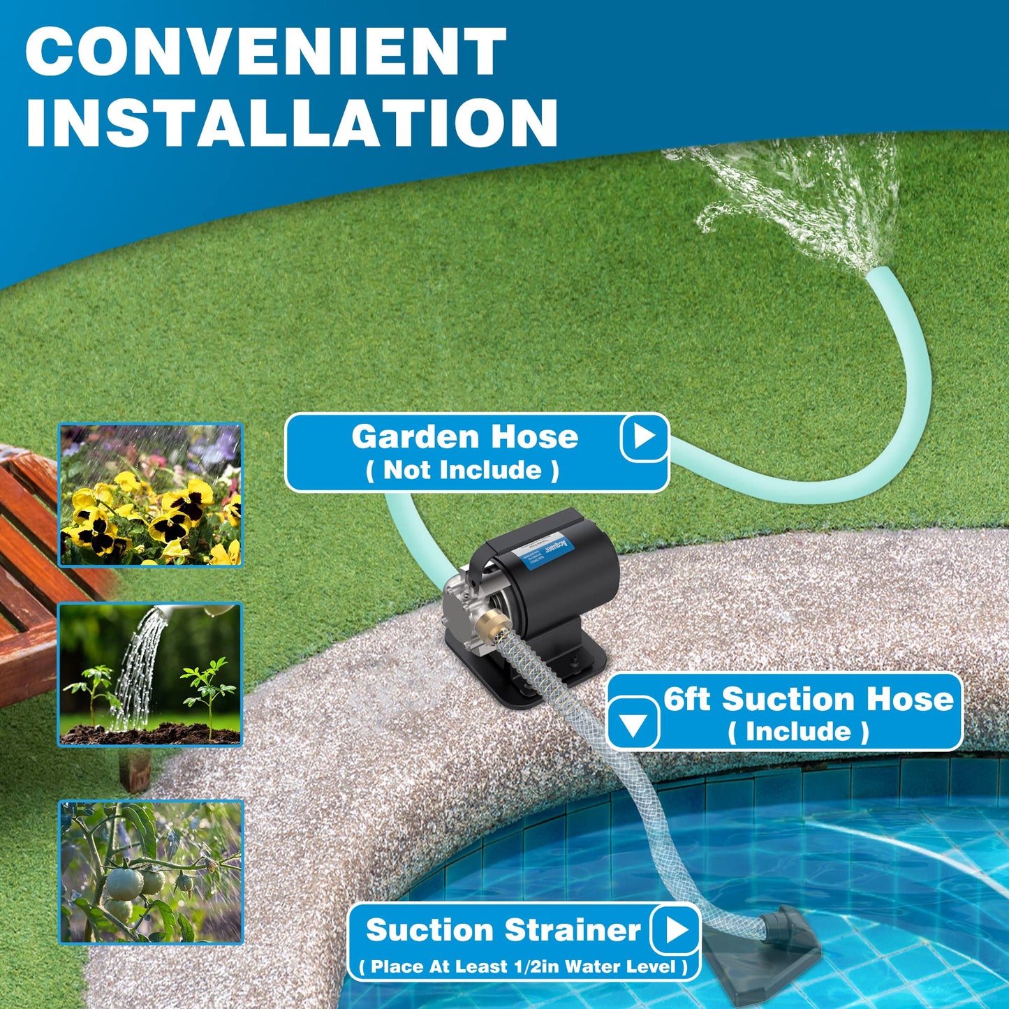 Acquaer Portable Electric Utility Water Transfer Pump 1/10 HP with Suction Hose Kit, Low Suction Water Removal for Water Beds, Pools, Rain Barrel, Aquariums, RV