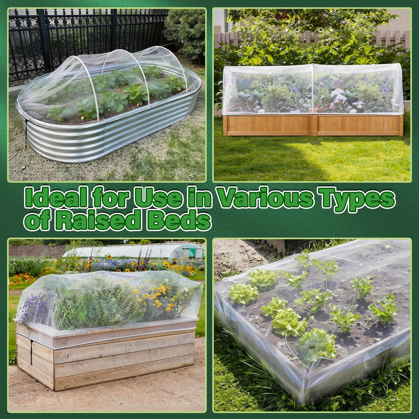 KEOHOL 3-Pack Garden Netting for Raised Beds, 4.9×2.3×1.4 Ft Rectangular Plant Covers with Ultra-fine Mesh, UV Protected HDPE Plant Netting for Vegetables Flowers Fruits