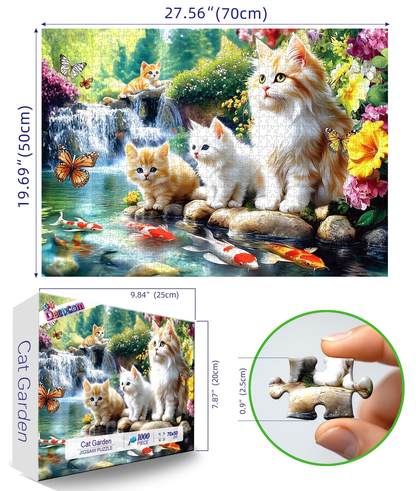 Serene Cat Garden 1000 Piece Jigsaw Puzzle for Adults, Waterfall Scene with Koi Fish and Butterflies, 27.56 x 19.69 Inch, Relaxing, Detailed Art for Solo or Social Puzzling