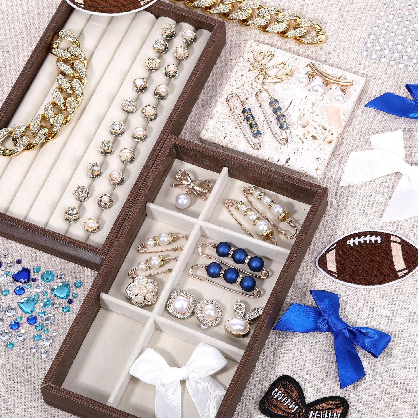 Norme 45 Pcs Game Day Football Junk Socks Charms Kit Brooches and Pins for Women Football Sports Jewelry for Socks Shoe Charms with Bows Sneakers DIY Kit with Pearls (Blue,Stylish Style)