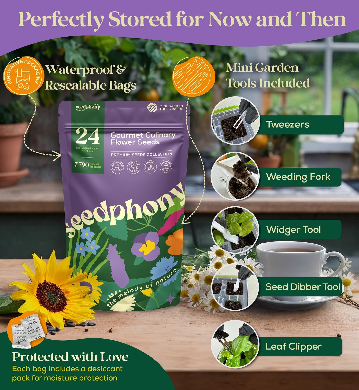 Seedphony 24 Gourmet Culinary Flower Seeds Variety Pack - 7,790+ Non-GMO Heirloom Flower Seeds for Planting Indoor & Outdoor Home Garden - Culinary Flowers Seed Packets for Planting Edible Flowers