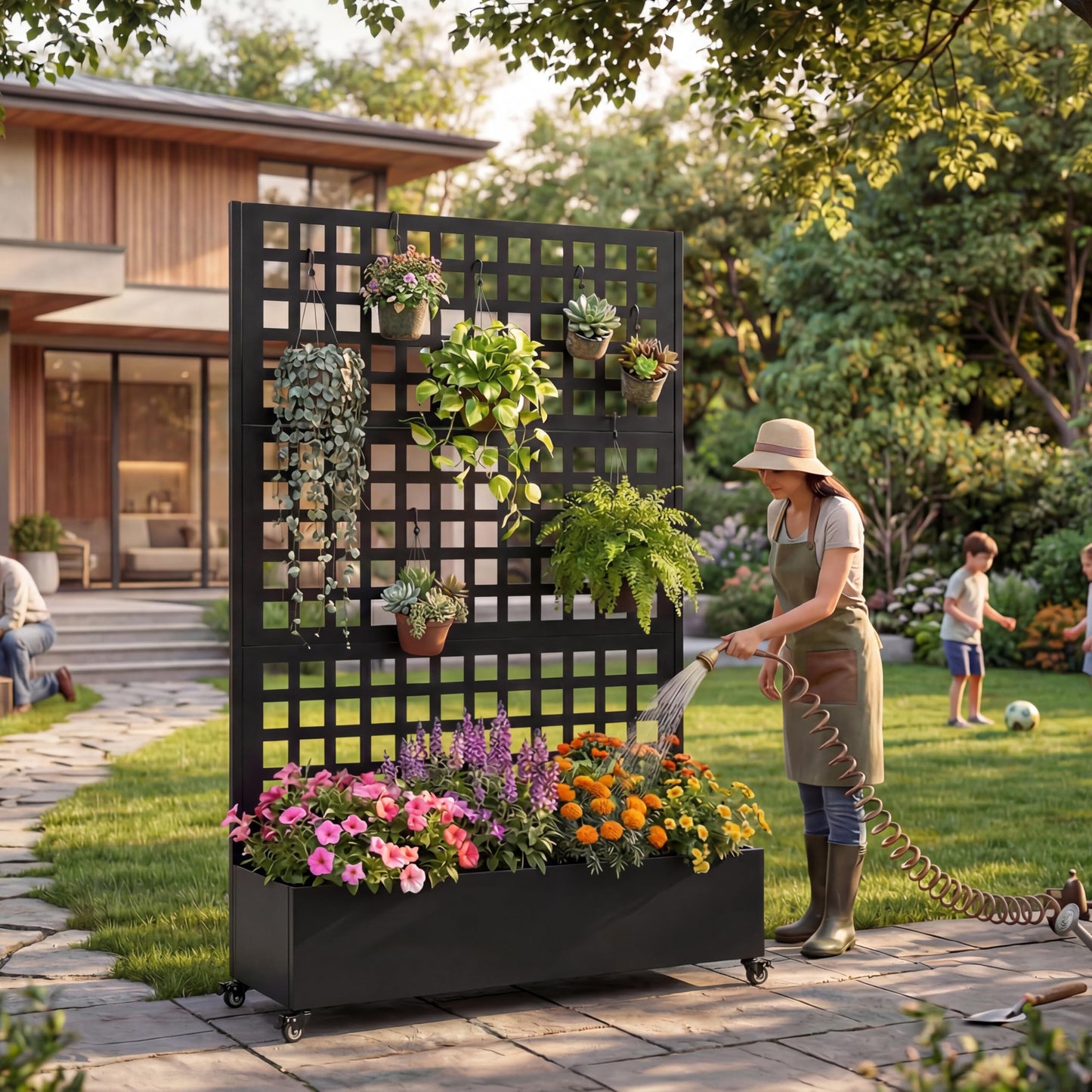 Jovkuan Metal Planter Box with Trellis Outdoor, 73"x47"x16"Garden Bed with Wheels and Trellis Privacy Screen & Drainage Holes & Lockable Casters for Climbing Plants, Vegetable, Vines