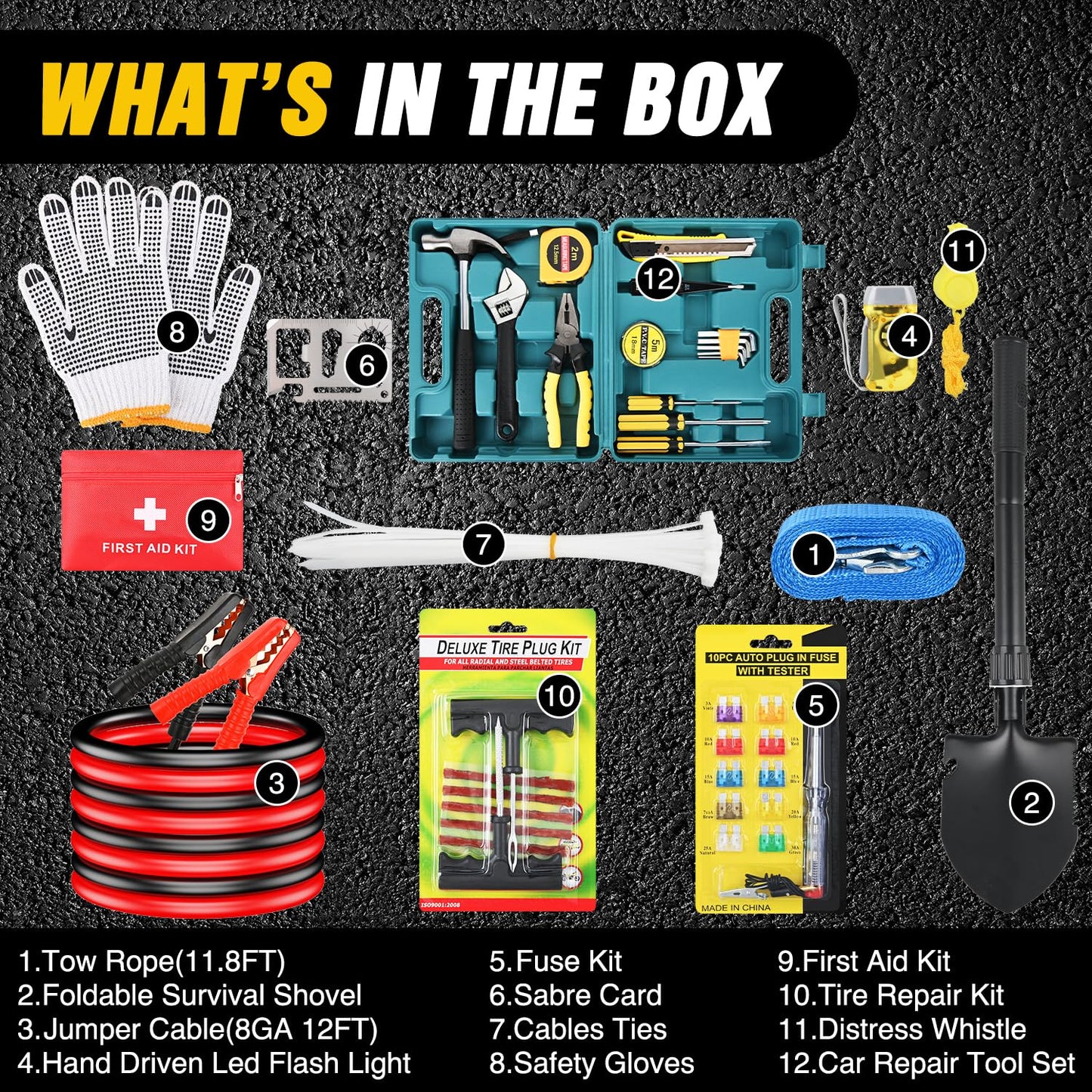 Nilight Car Emergency Kit with Jumper Cable, Foldable Shovel and Tow Rope, Safety Assistance for Travel Camping Outdoor Cars Truck SUV RV, Roadside Essentials with Tool Sets Tire Repair Fuse Kit