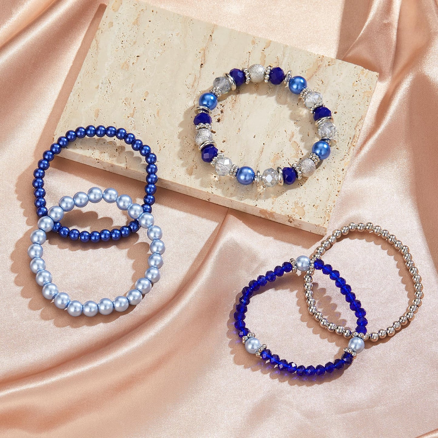 Noessla Beaded Pearl Stretch Bracelet Silver Stackable Crystal Beads Bracelets Trendy Costume Jewelry Mothers Day Gifts for Women(Sapphire)