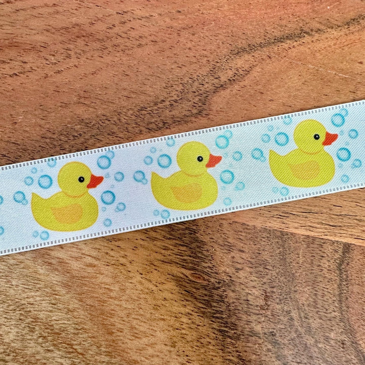 Rubber Duck Satin Craft Ribbon - 1" x 25 Yards, White Ribbon with Yellow Rubber Duckies, Christmas, Birthday, Baby Shower, Gift Bow, Diaper Cake, Hair Bows, Gender Reveal, Valentine's Day, Easter